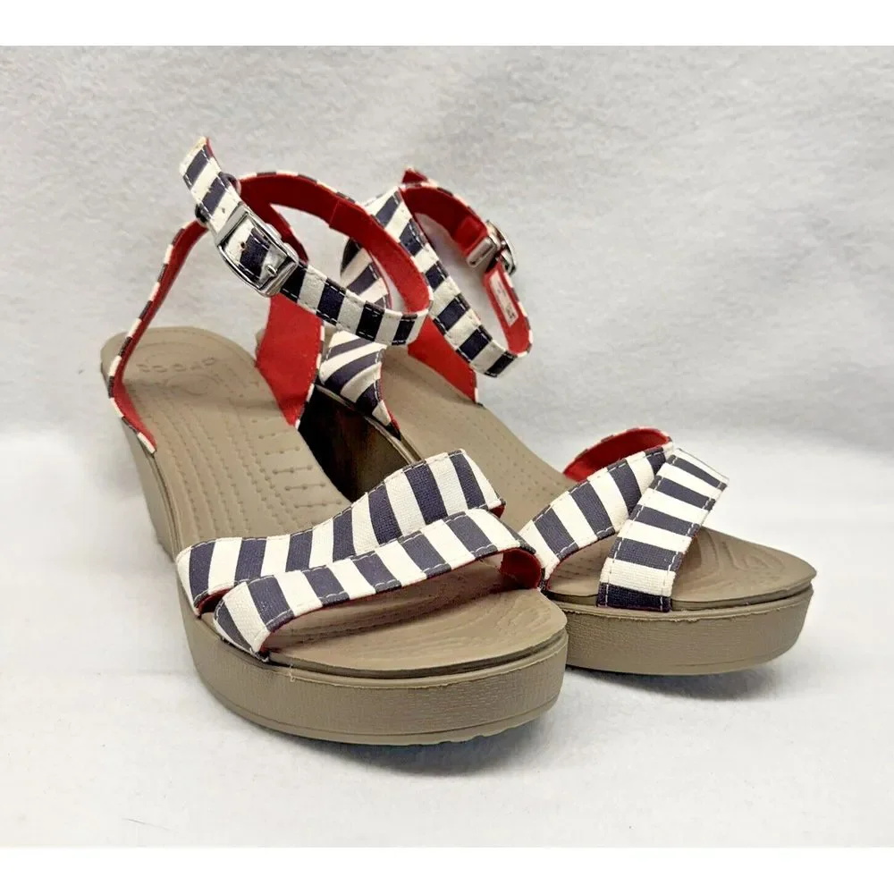Crocs Leigh Wedge‎ Sandals Womens 9 Blue White Striped Nautical Summer Preppy